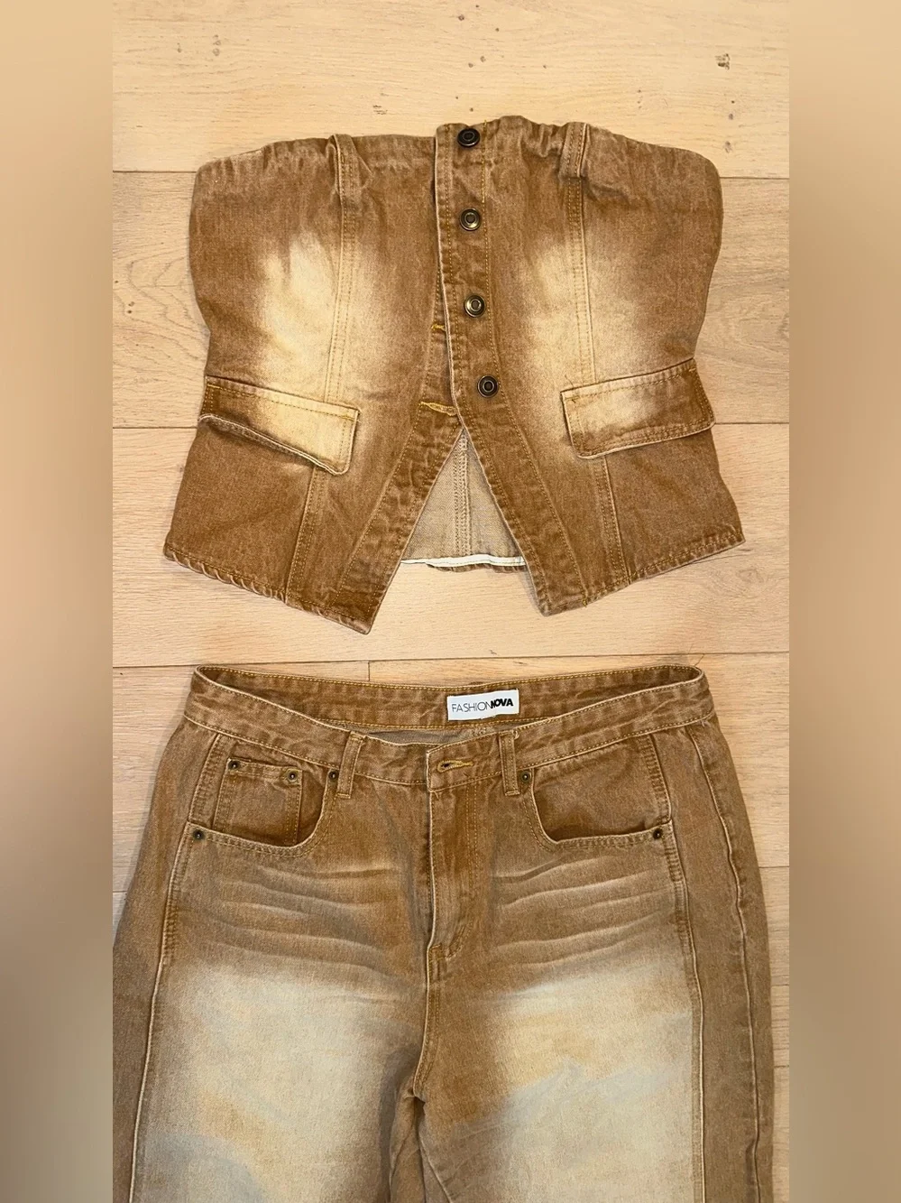 Fashion Nova Brown High-Rise Washed Denim Set
